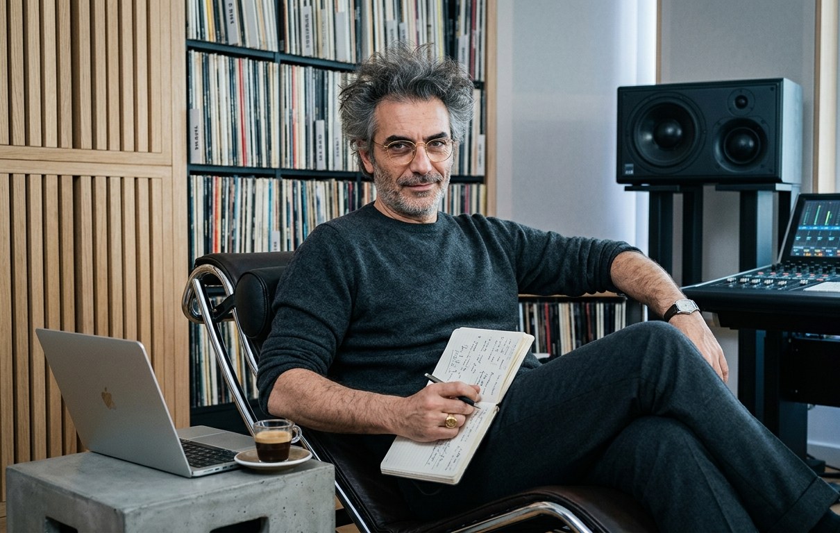 Sloppen Soundato in his studio, with vinyl records, a laptop and a mixing console